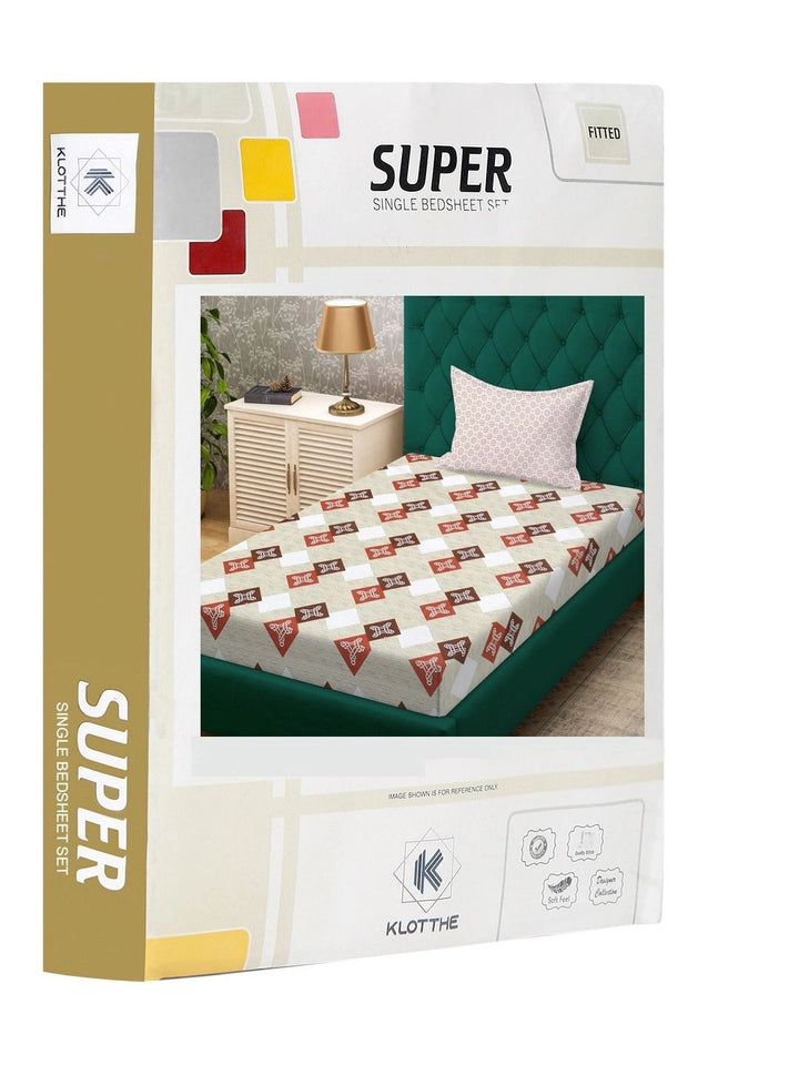 Moda Rapido X KLOTTHE Beige & Red Geometric 400 TC Single Bedsheet with 1 Pillow Covers