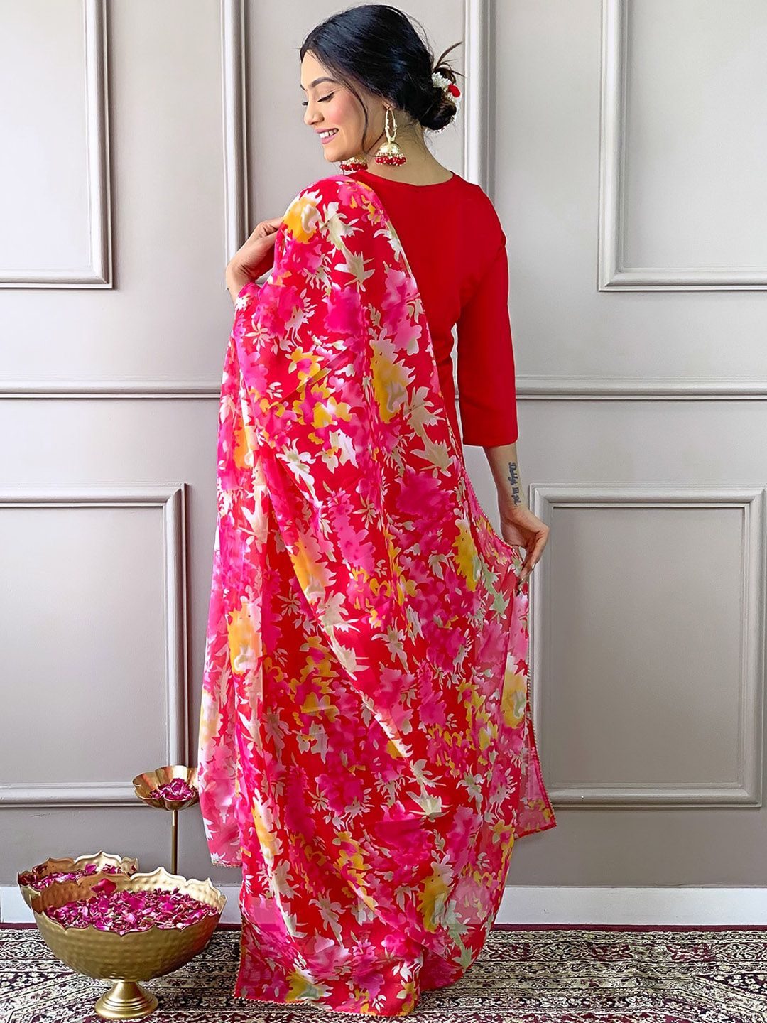 KALINI Ethnic Motifs Yoke Design Thread Work Straight Kurta with Trousers & Dupatta