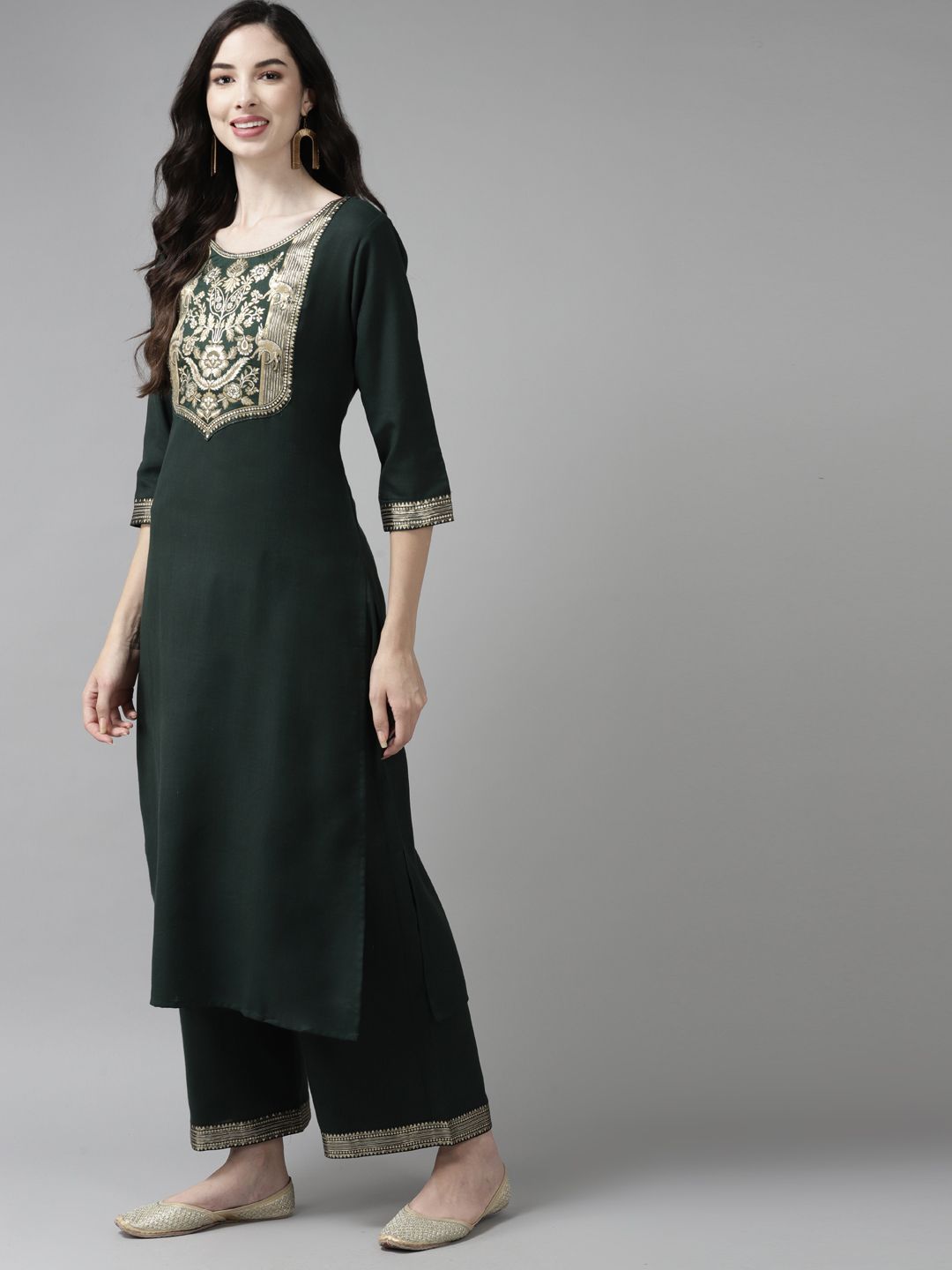 Indo Era Women Green Yoke Design Regular Kurta with Palazzos & Dupatta