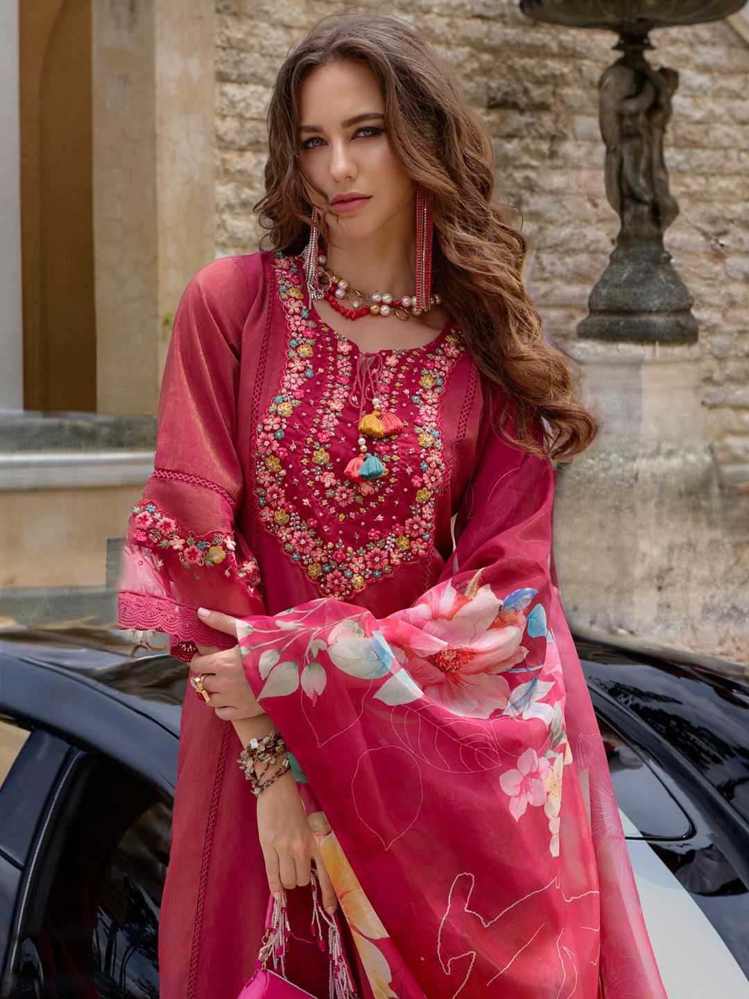 Indo Era Floral Embroidered Thread Work Kurta with Trousers & Dupatta