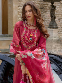 Indo Era Floral Embroidered Thread Work Kurta with Trousers & Dupatta