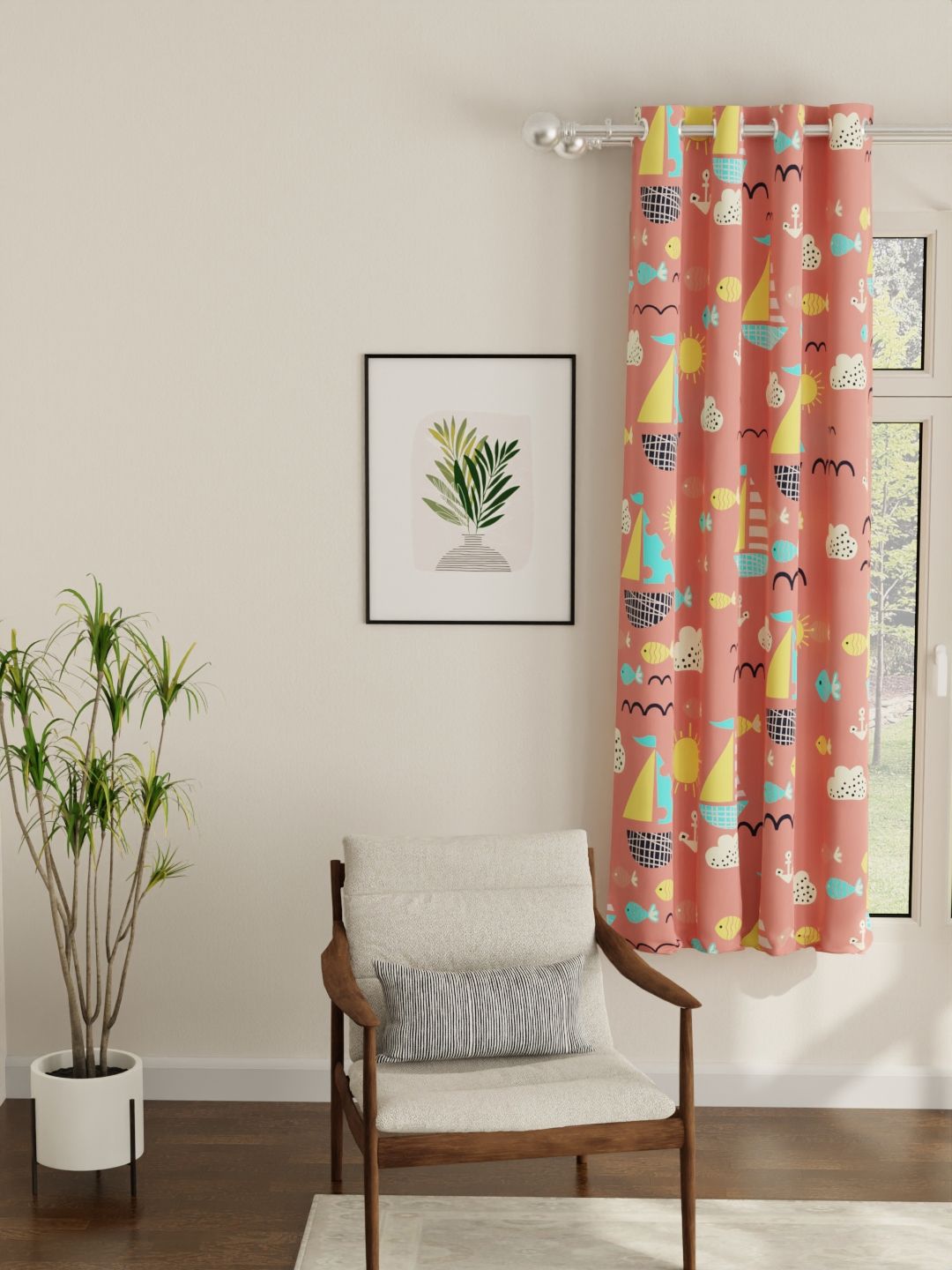URBAN SPACE Peach & Yellow Printed Room Darkening Window Curtain