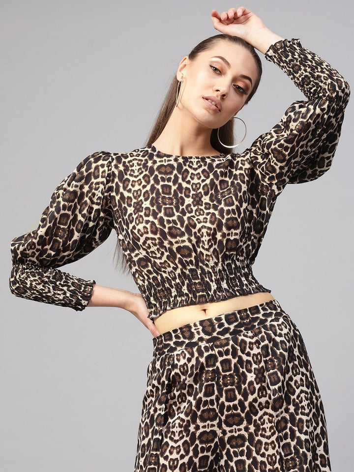 SASSAFRAS Black & Beige Animal Print Crop Blouson Top