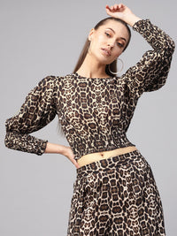 SASSAFRAS Black & Beige Animal Print Crop Blouson Top