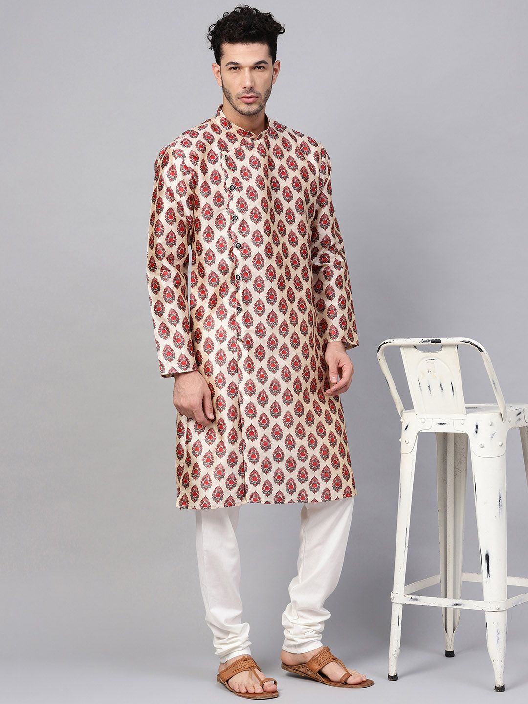 SOJANYA Men Red & Beige Printed Straight Kurta