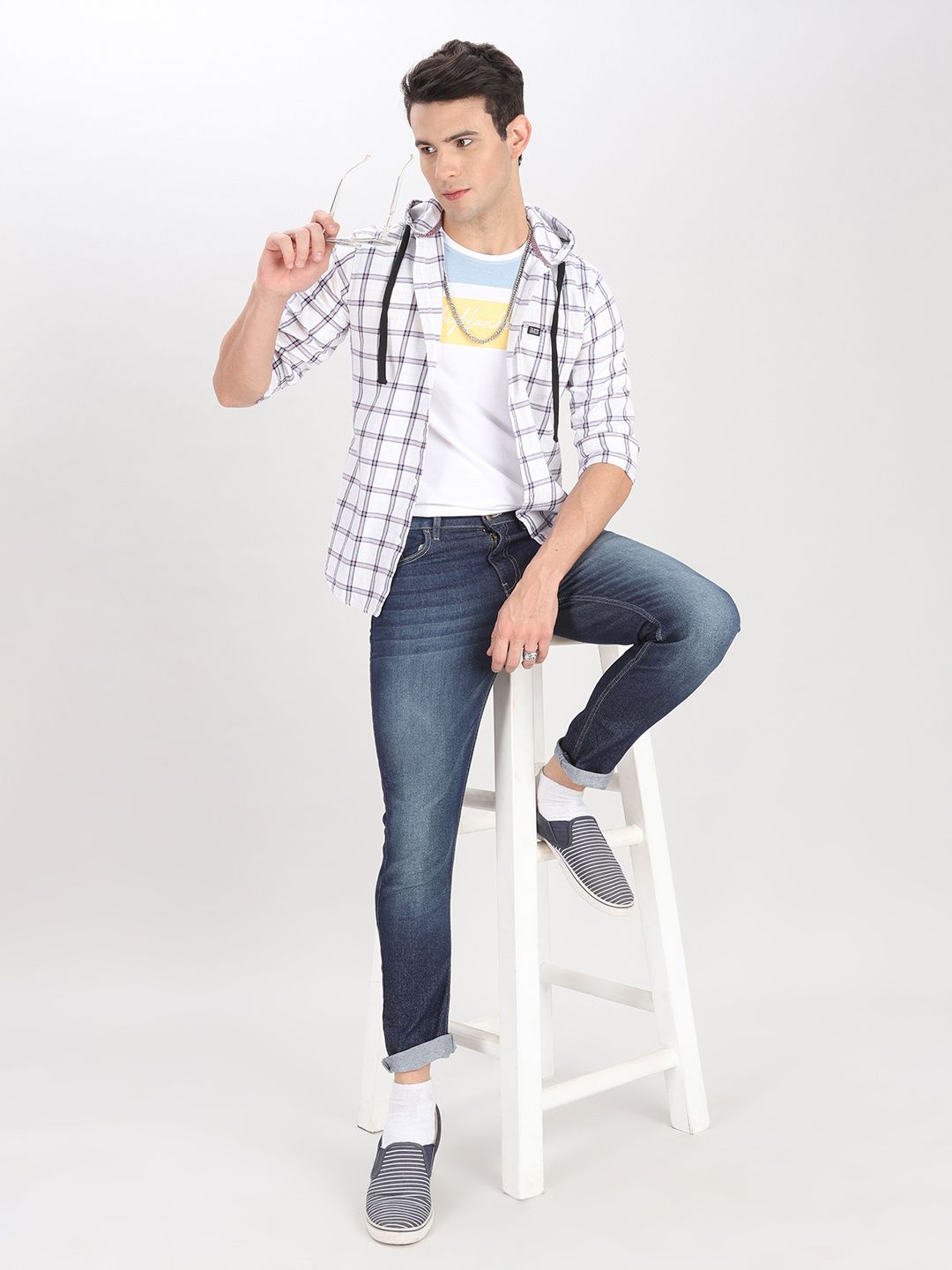 The Indian Garage Co Men White Checked Hooded Casual Shirt