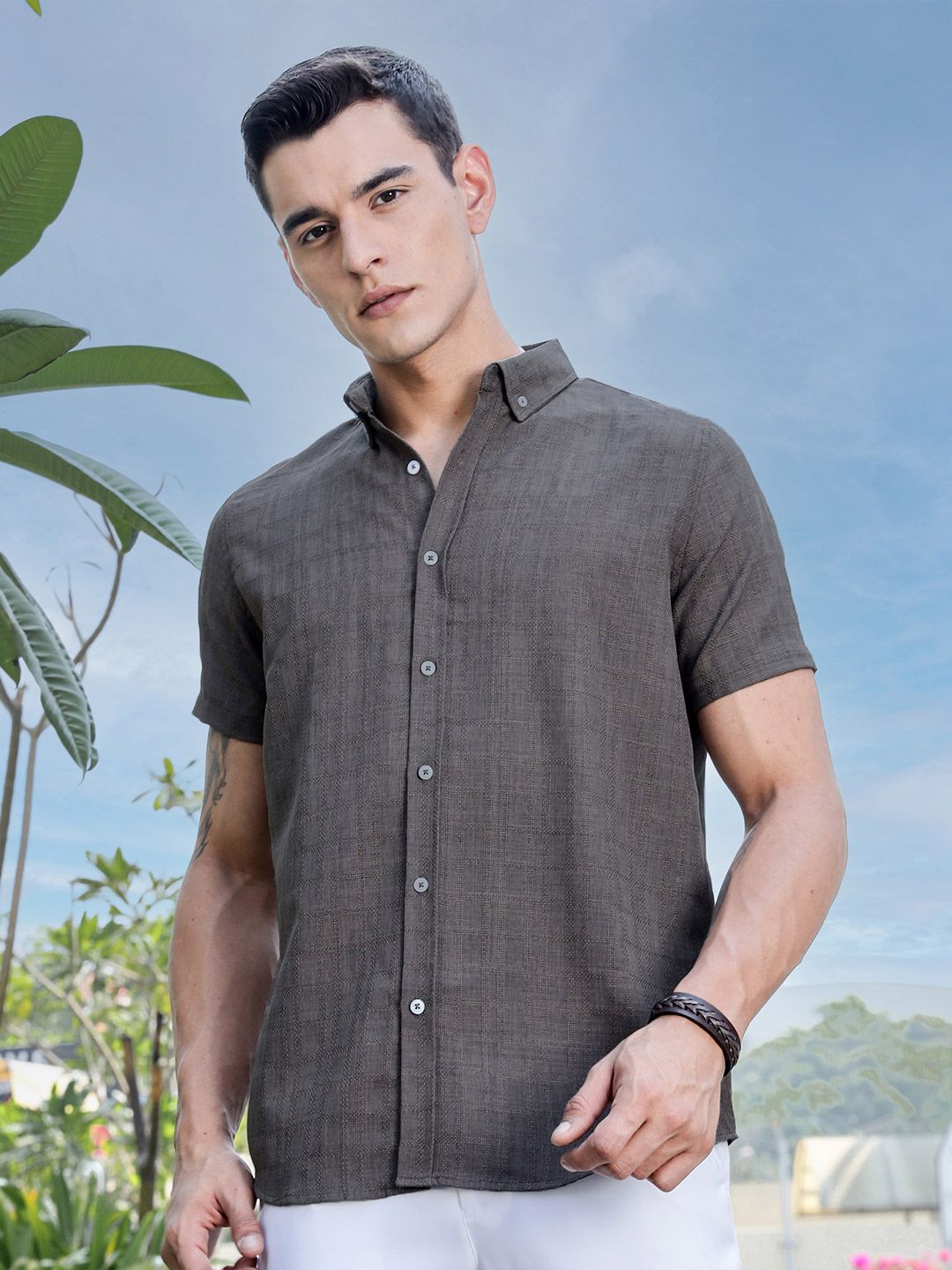 Thomas Scott Men Premium Regular Fit Button-Down Collar Textured Casual Shirt