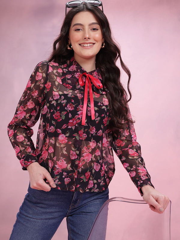 DressBerry Women Floral Semi Sheer Casual Shirt