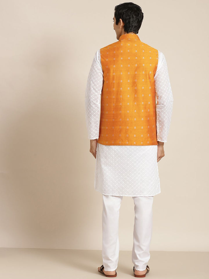 SOJANYA Men White Ethnic Motifs Chikankari Pure Cotton Kurta with Churidar & Nehru Jacket