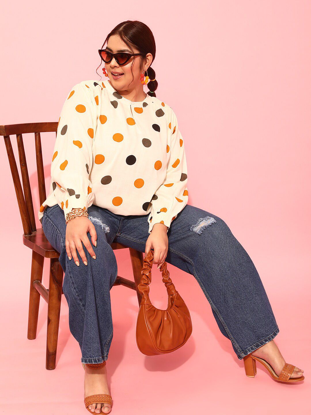 CURVY STREET Polka Dots Polka Dot Printed Smocked Shirt Style Top