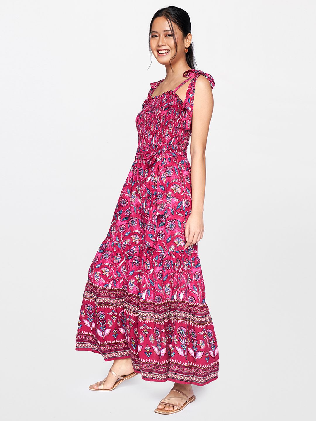 Global Desi Multicoloured Printed Smocked Waist Tie-Ups Basic Jumpsuit