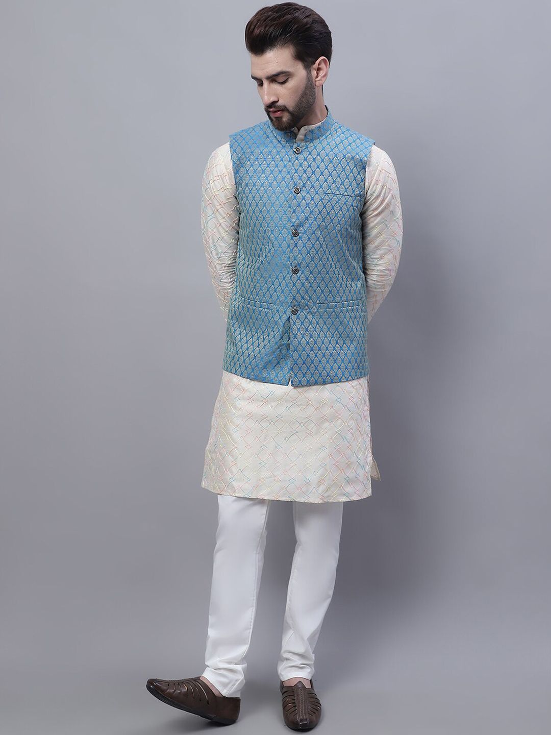 SOJANYA Embroidered Thread Work Kurta With Churidar With Nehru Jacket