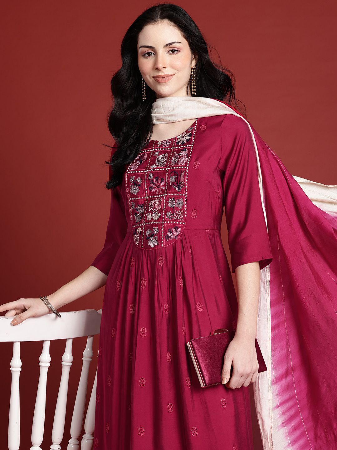 Anouk Floral Yoke Design Empire Style A-Line Kurta with Trousers & Dupatta