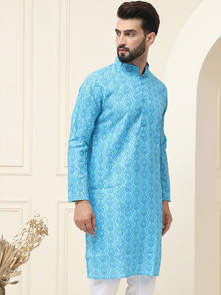 SOJANYA Motif Etnik Printed Band Collar Leher Lengan Panjang Kurta Kapas Tulen