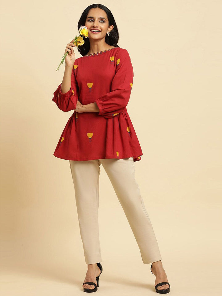 W Red Floral Printed Puffed Sleeves Smocking Pure Cotton Peplum Top