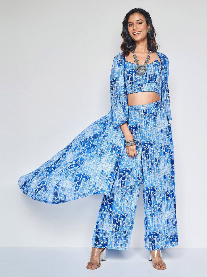 Global Desi Floral Printed Top With Shrug & Trousers Co-Ords