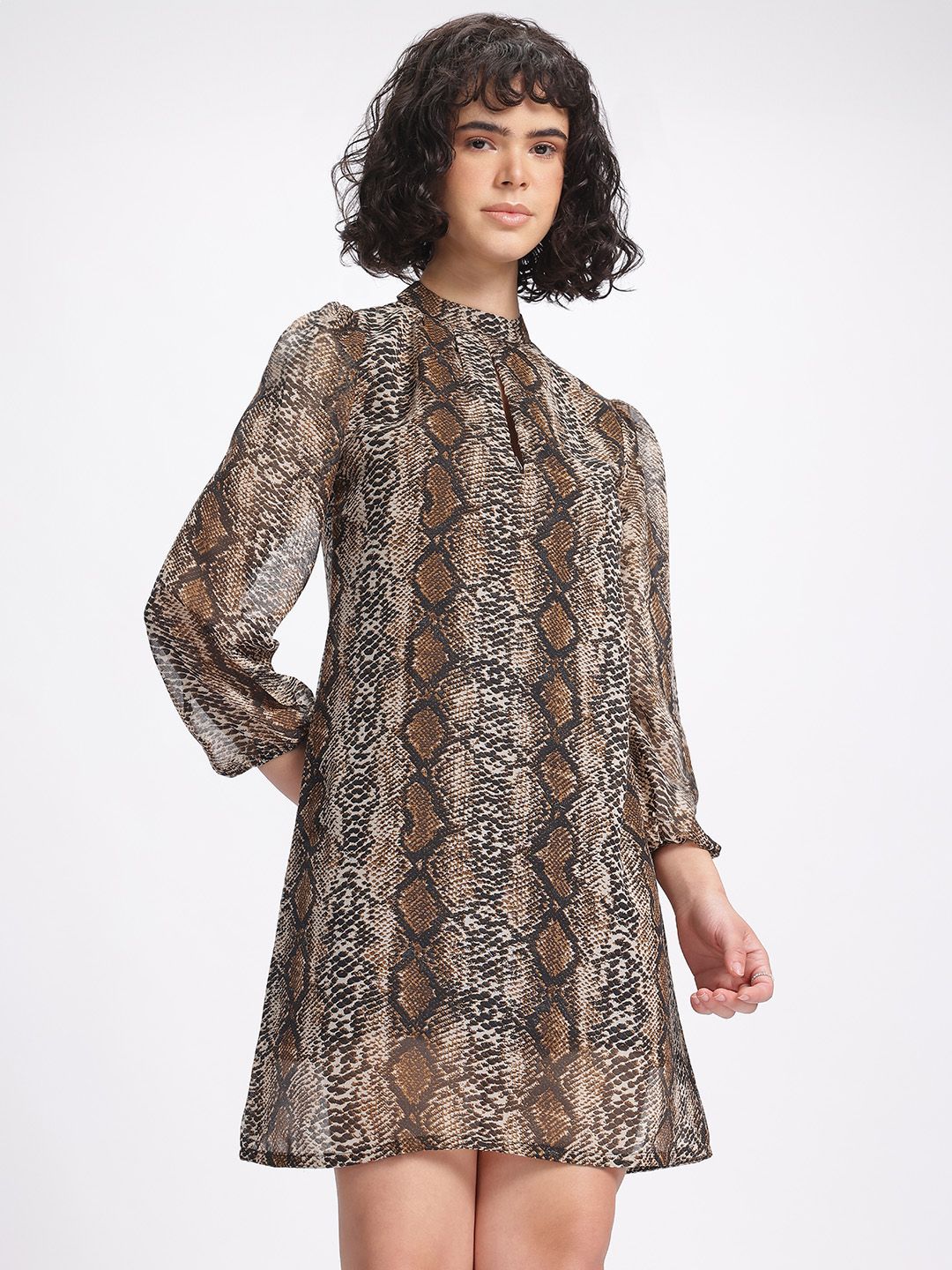 DressBerry Comfort Chic Snake Print Puff Sleeve A-Line Dress