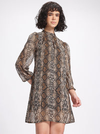 DressBerry Comfort Chic Snake Print Puff Sleeve A-Line Dress