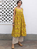Janasya Floral Printed Empire Pure Cotton Anarkali Kurta with Trousers