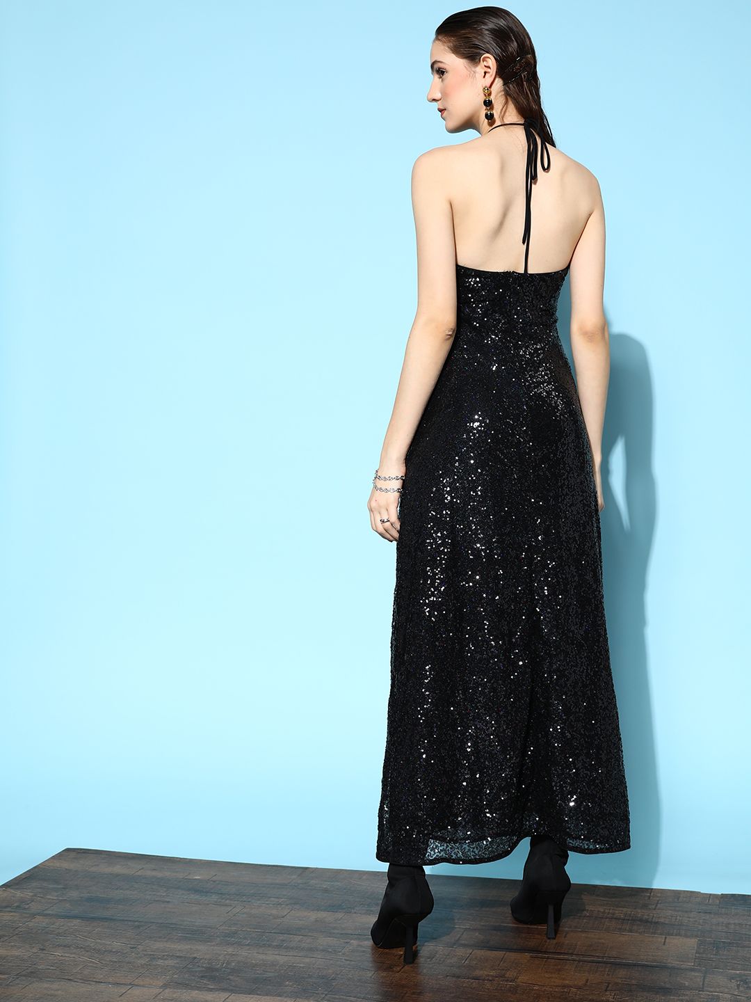Berrylush Black Sequined Halter Neck Maxi Dress