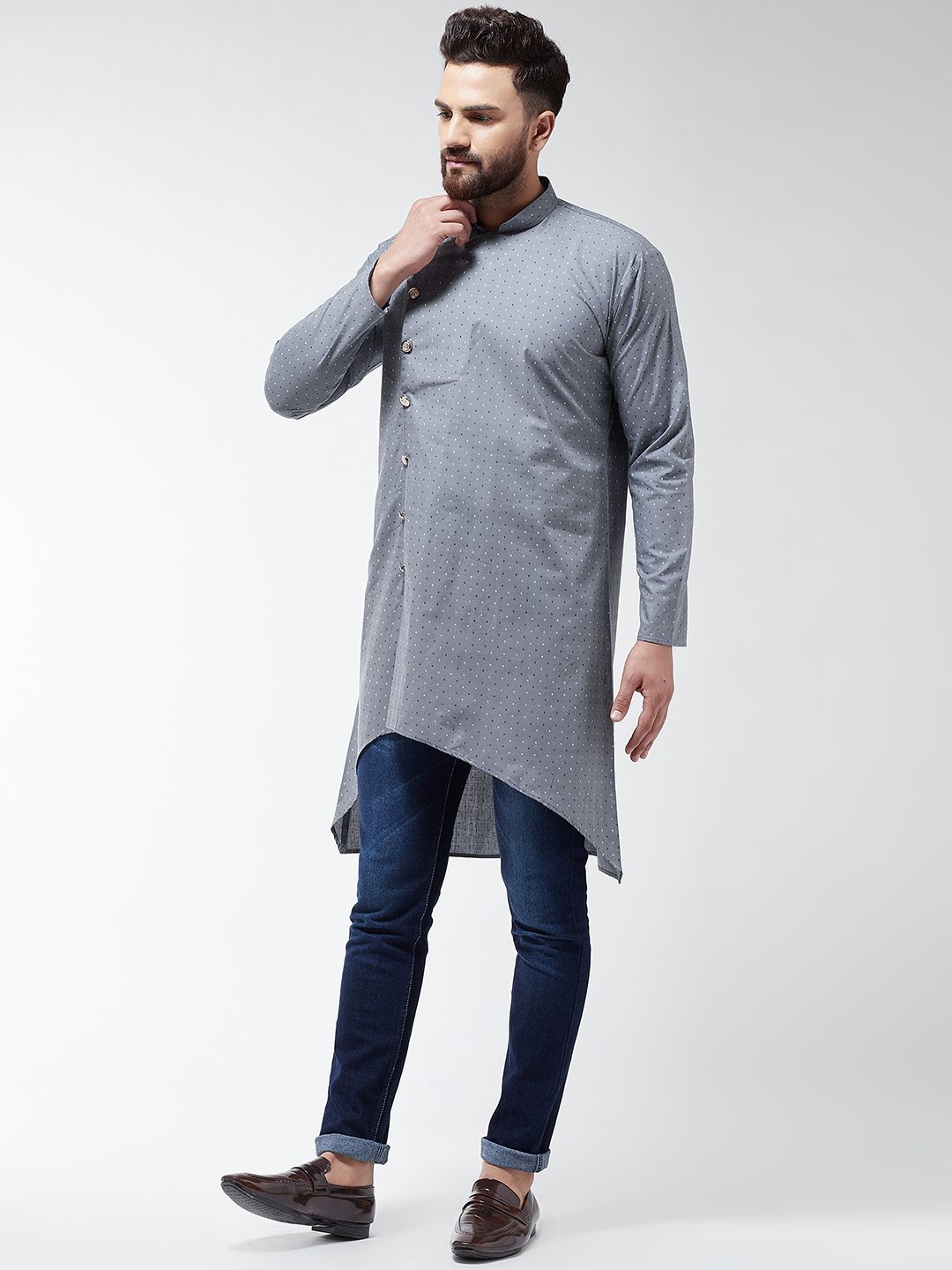 SOJANYA Men Grey Printed Cotton Linen Straight Kurta