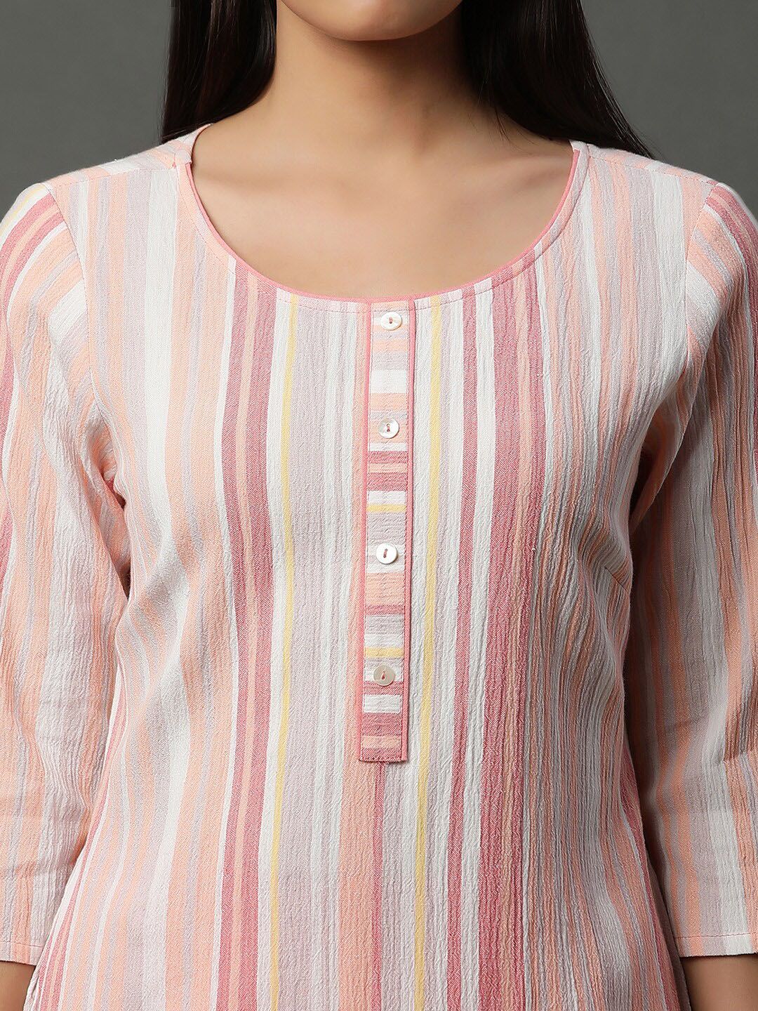 AURELIA Striped Round Neck Three-Quarter Sleeves Straight Kurta