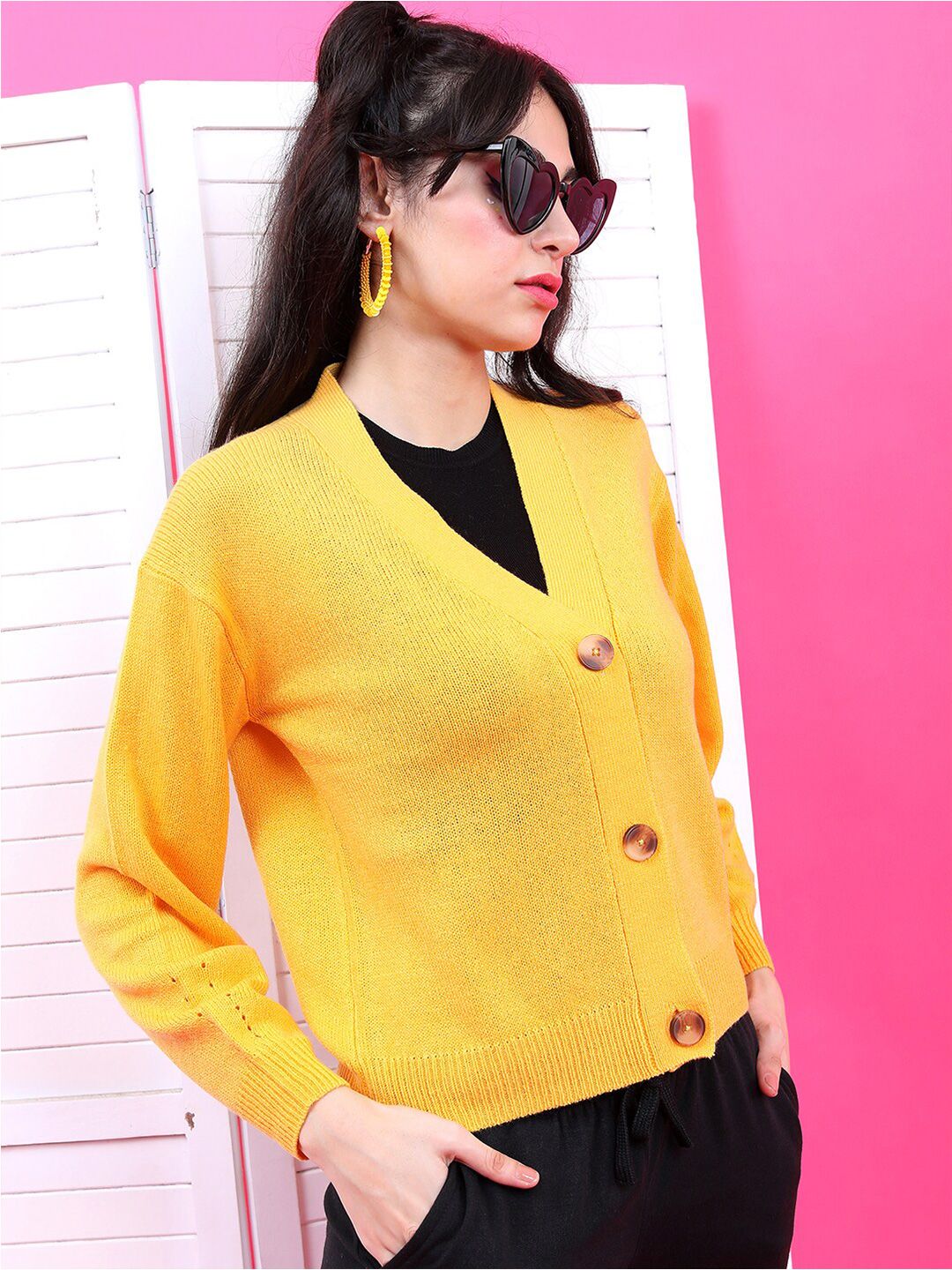 Tokyo Talkies Women Mustard Solid  Long Sleeve Cardigan Sweater