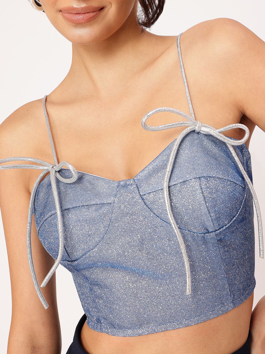 DressBerry Glitter Gal Tie-Up Bow Lace Ups Corset Crop Top