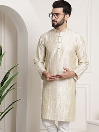 SOJANYA Men Off White & Golden Striped Straight Kurta