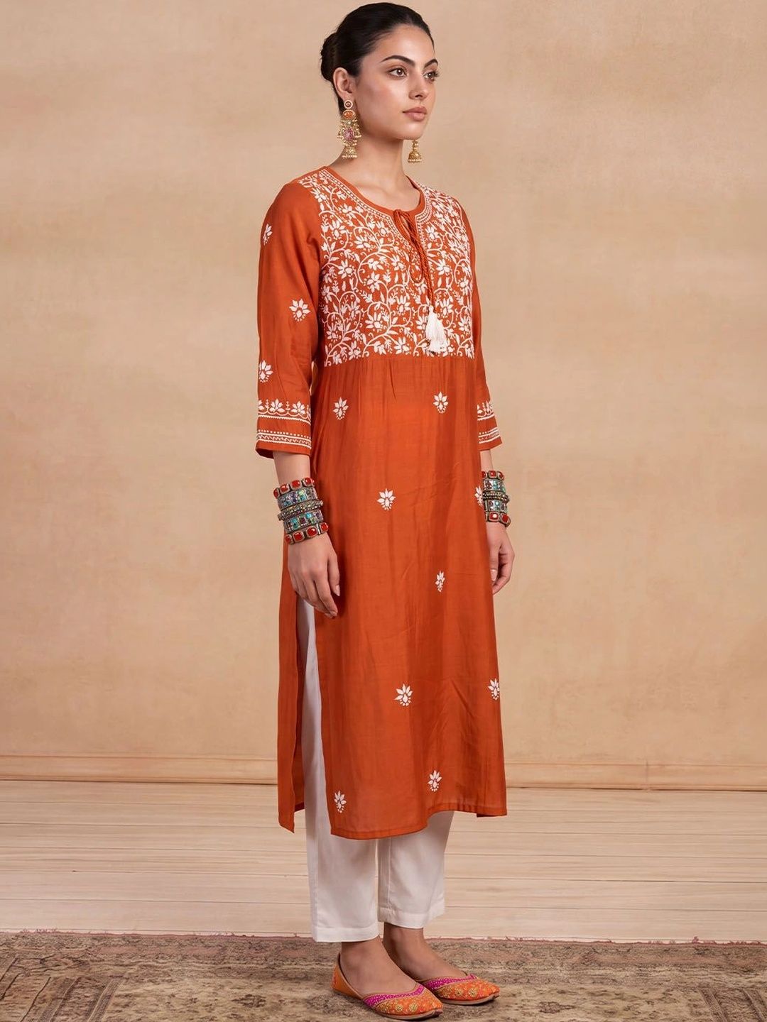 Rumah Wanita Chikankari Bunga Sulam Benang Kerja Kurta Sutera Chanderi