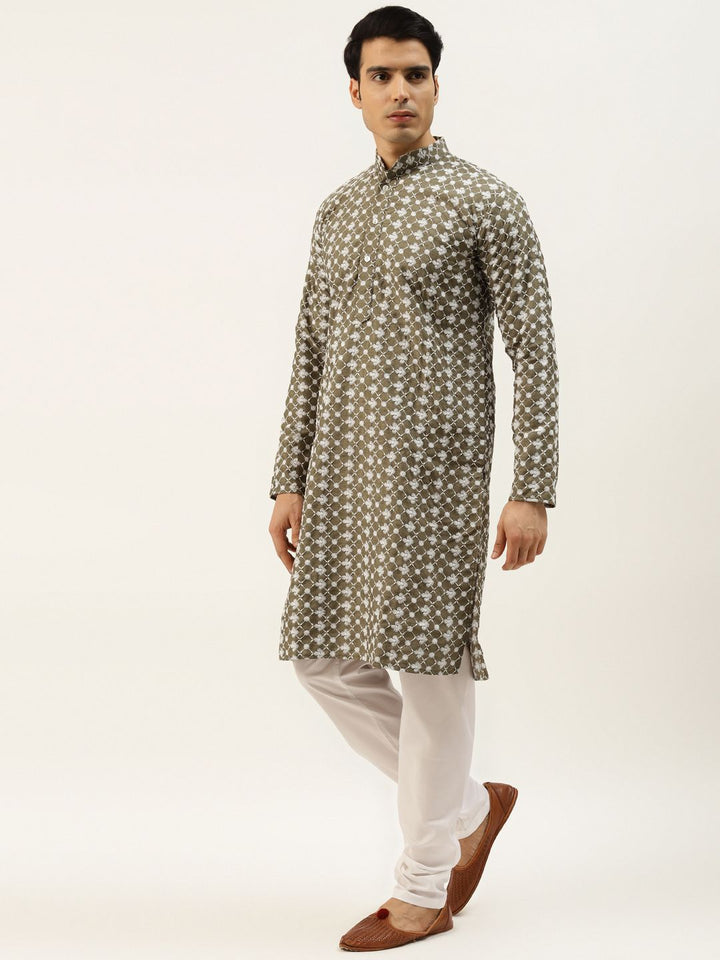 SOJANYA Men Olive Ethnic Motifs Embroidered Thread Work Kurta with Churidar