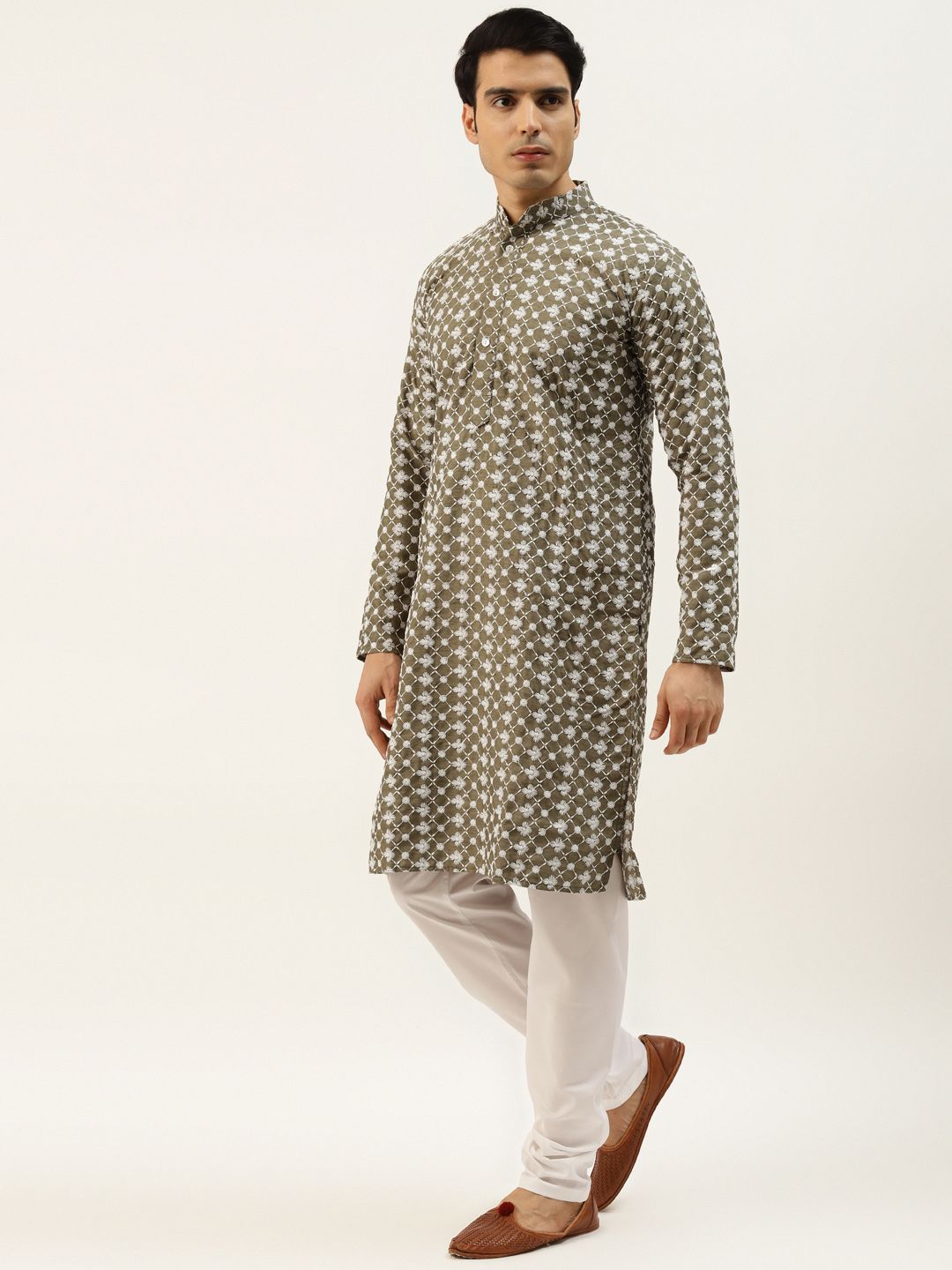 SOJANYA Men Olive Ethnic Motifs Embroidered Thread Work Kurta with Churidar