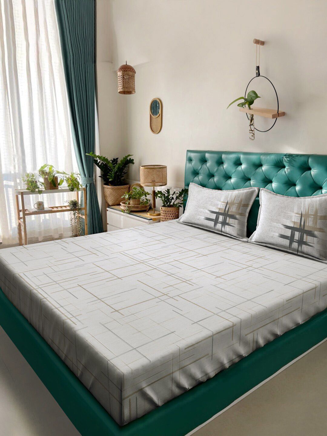 KLOTTHE Printed 400 TC Pure Cotton Fitted Super King Double Bedsheet & 2 Pillow Covers