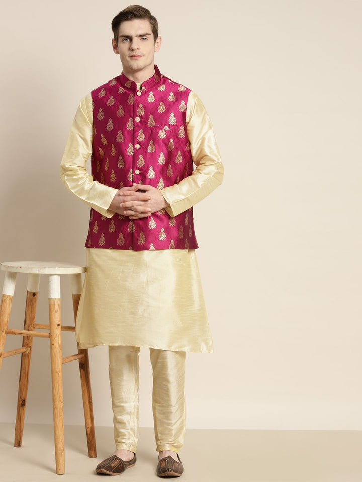 SOJANYA Men Kurta with Churidar & Woven Design Nehru Jacket