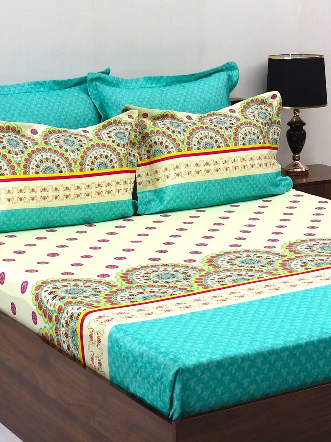 BOMBAY DYEING Celebrating India SeaGreen Print 300TC Cotton King Bedsheet & 4 Pillow Cover