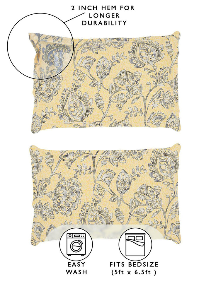 Story@home Cream & Grey Floral 180 TC Queen Bedsheet with 2 Pillow Covers