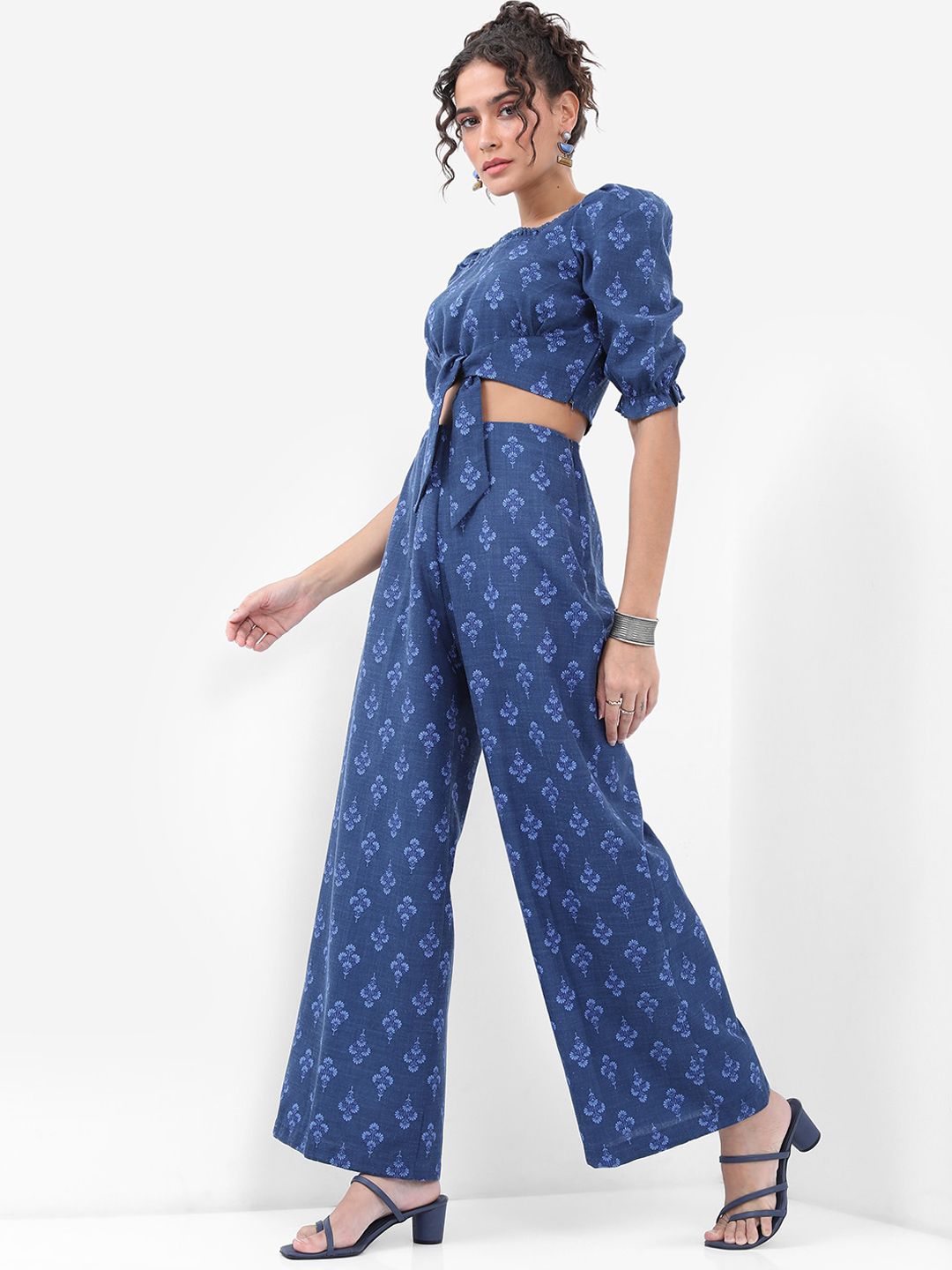 Vishudh Navy Blue Floral Printed Puff Sleeves Tie Ups Detail Regular Top With Palazzos