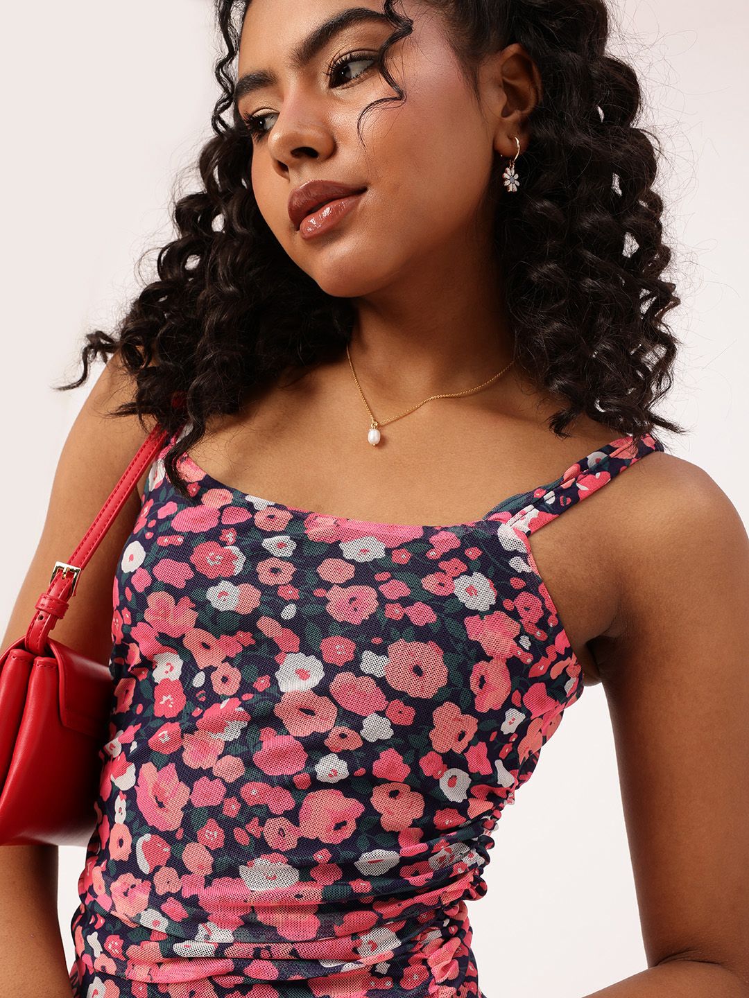 DressBerry Floral Frenzy Printed Ruched Soft Net Bodycon Dress