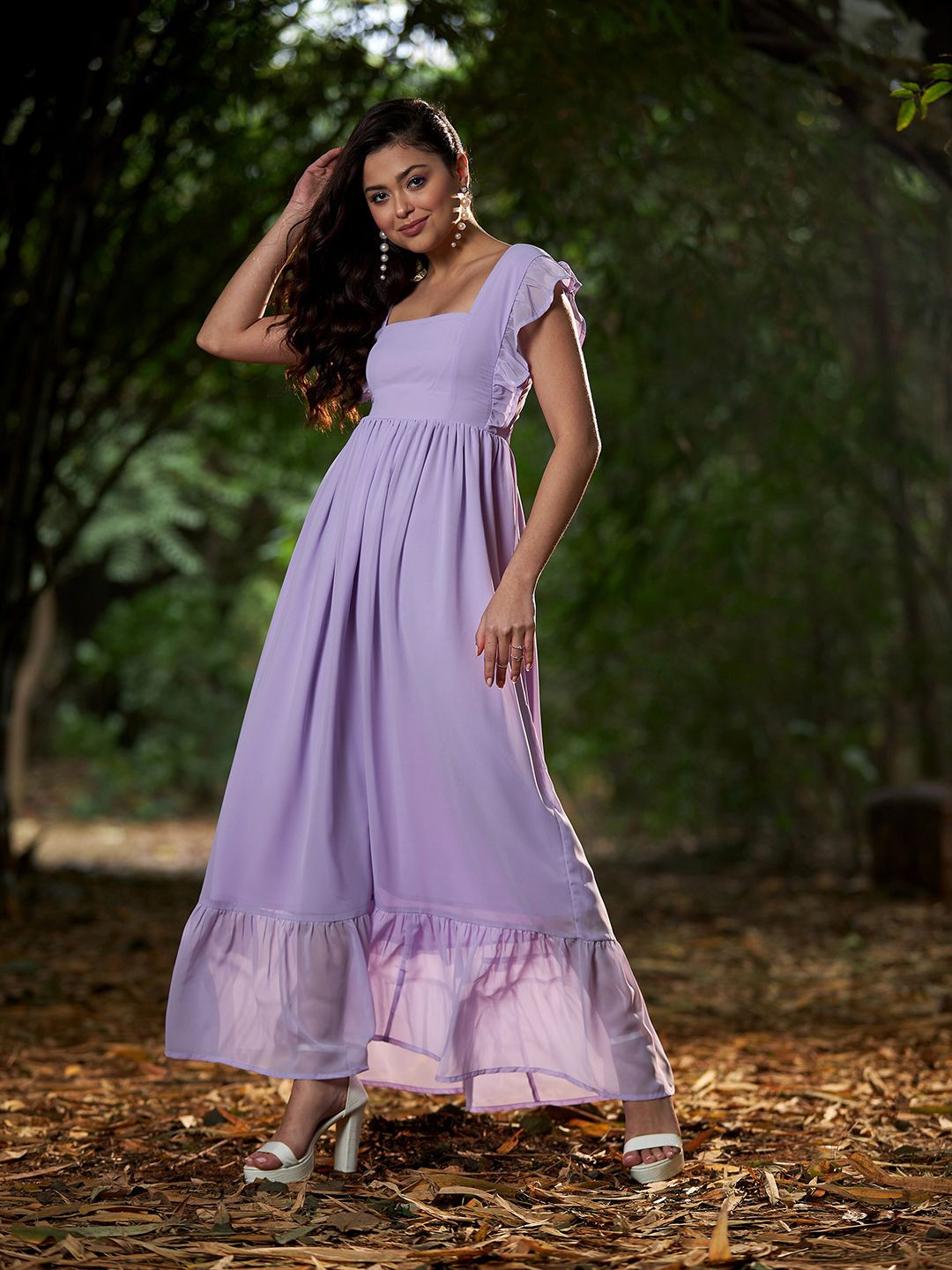 SASSAFRAS Fluttered Sleeves Georgette Maxi Dress