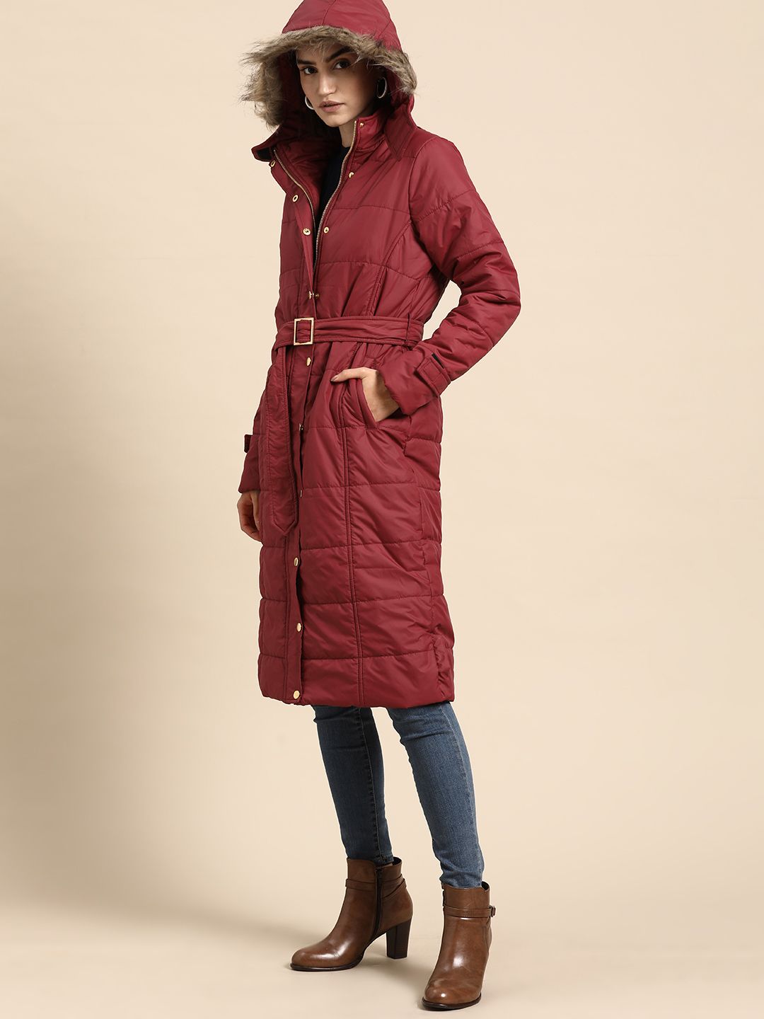 all about you Women Maroon Longline Hooded Parka Jacket with Belt