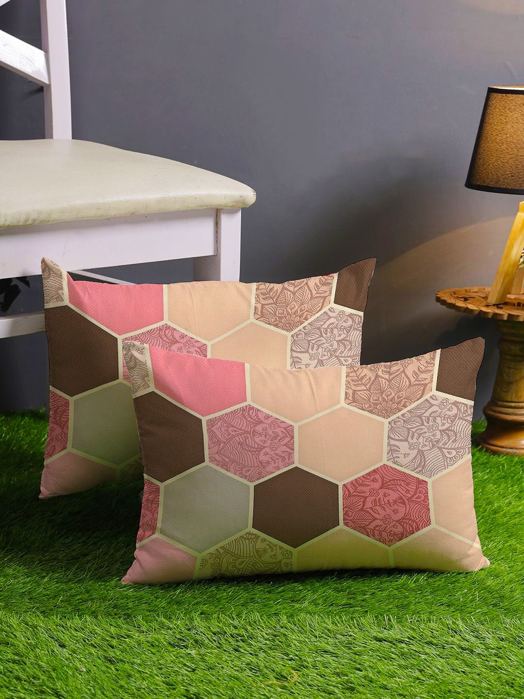 STITCHNEST Peach-Coloured & Cream-Coloured Set of 2 Geometric Rectangle Cushion Covers