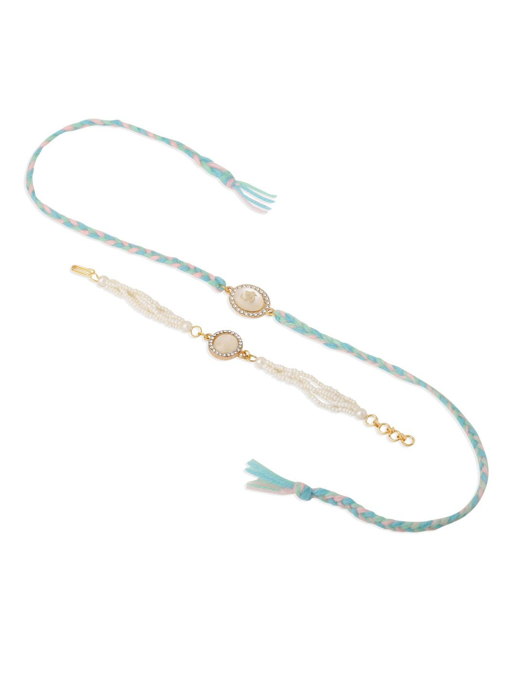 NVR Set of 2 White Pearls & Artificial Beads Bhaiya Bhabhi Rakhi with Roli Chawal