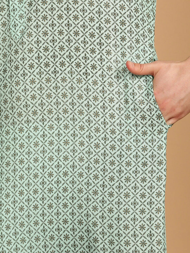 SOJANYA Band Collar Ethnic Motifs Printed Cotton Linen Kurta with Pyjamas