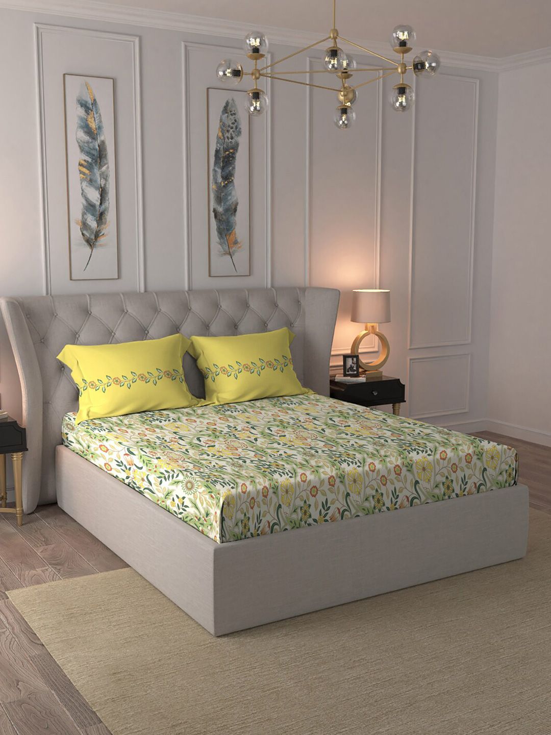 MYTRIDENT Beige  White Floral Pure Cotton 144 TC Queen Bedsheet With 2 Pillow Covers