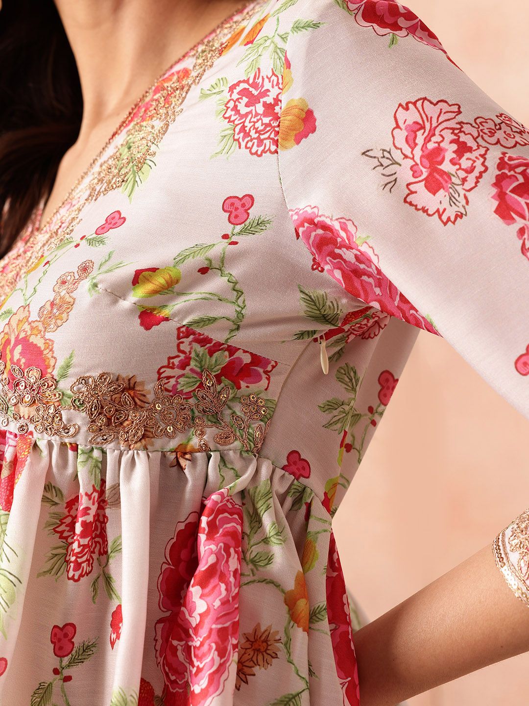 all about you Floral Print V-Neck Sequined Empire Kurti