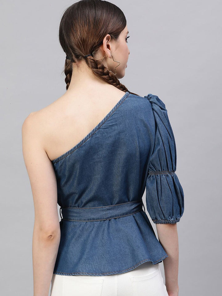 STREET 9 Navy Blue Solid One Shoulder Indigo Pure Cotton Denim Regular Top with Belt