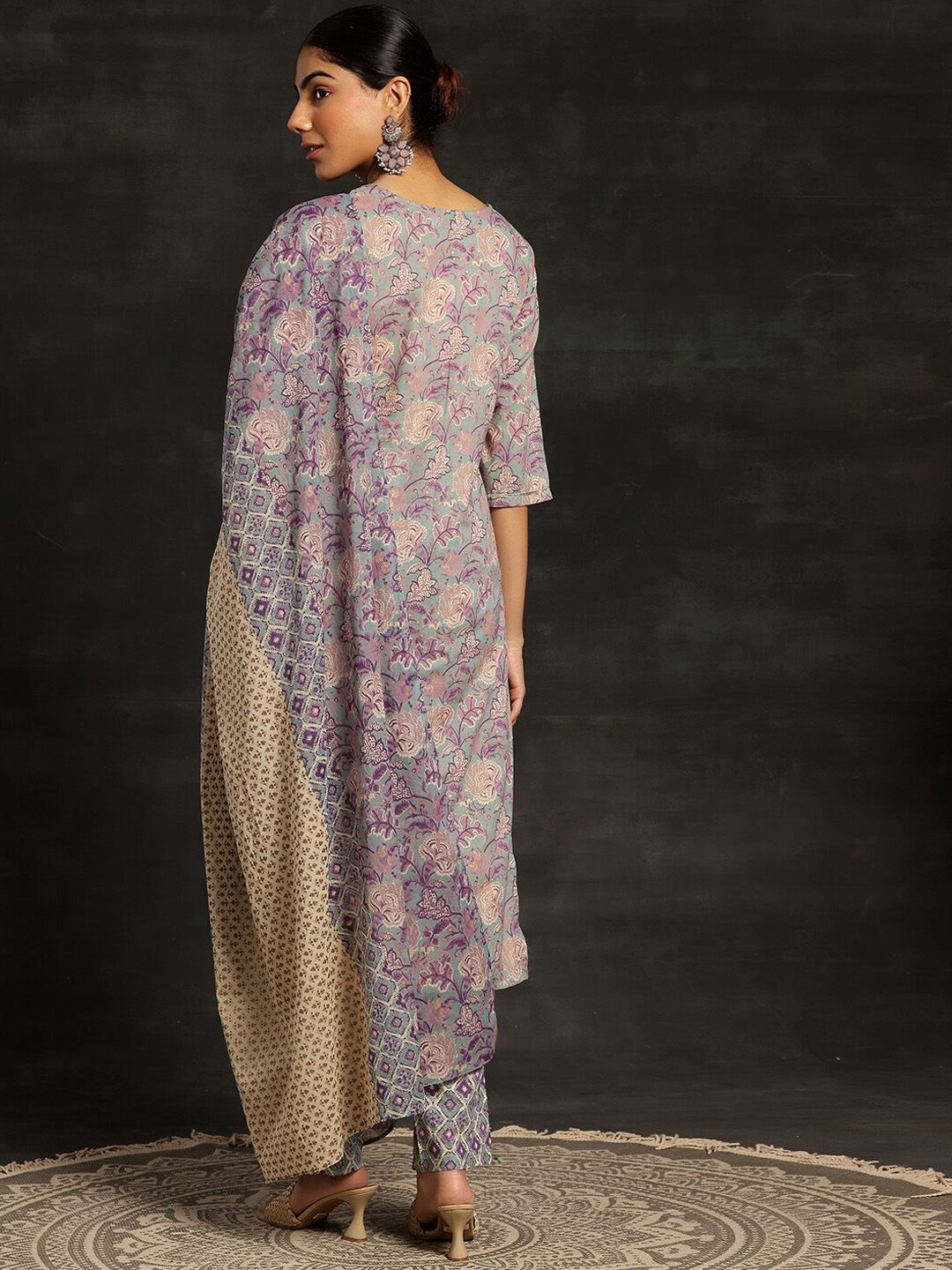 Libas Floral Printed Regular Sequinned Pure Cotton Kurta with Trousers & Dupatta