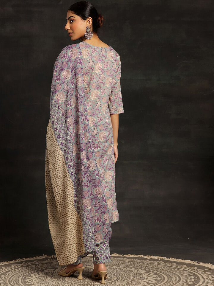 Libas Floral Printed Regular Sequinned Pure Cotton Kurta with Trousers & Dupatta