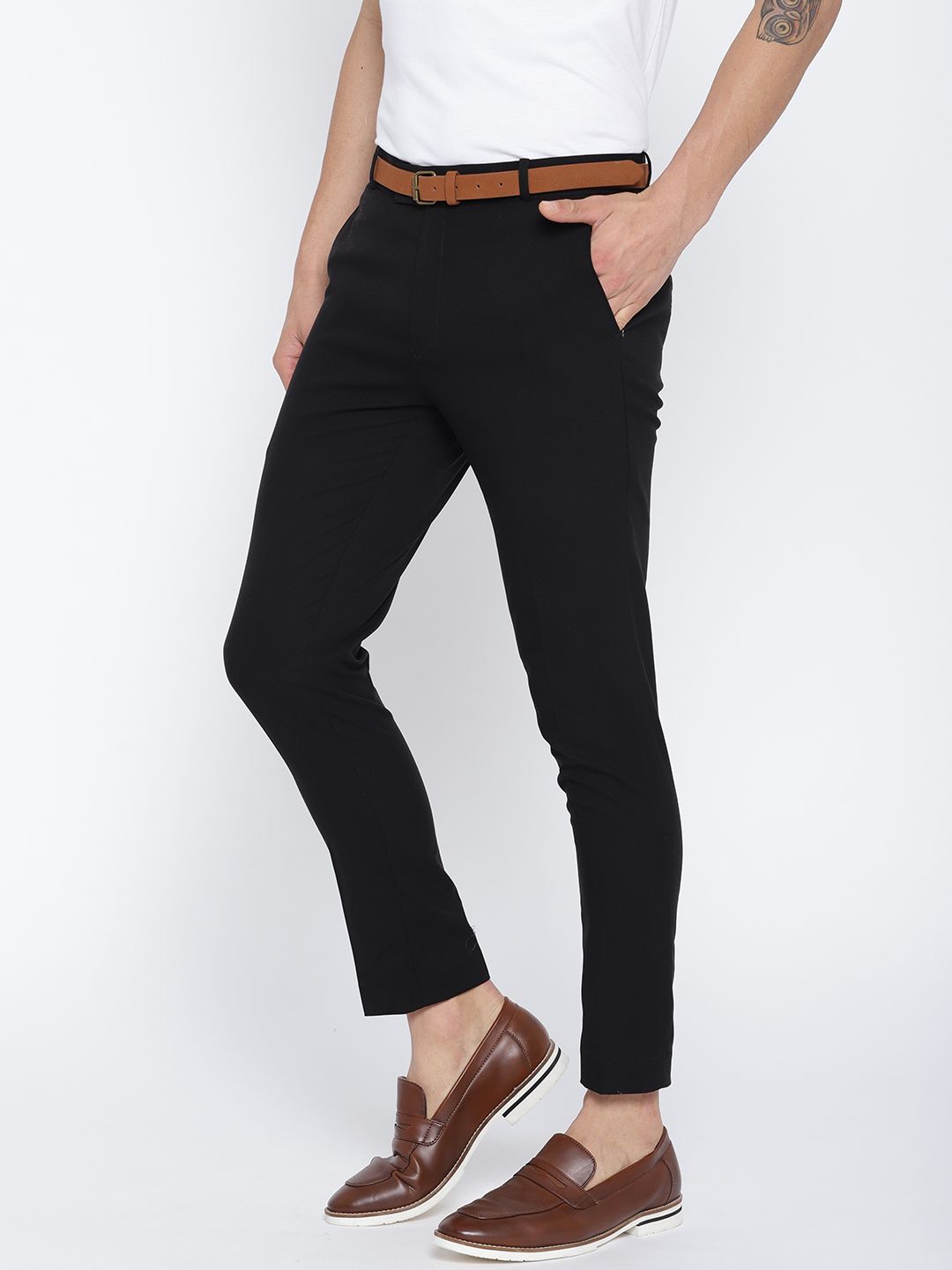 DENNISON Men Black Comfort Tapered Fit Cropped Trousers
