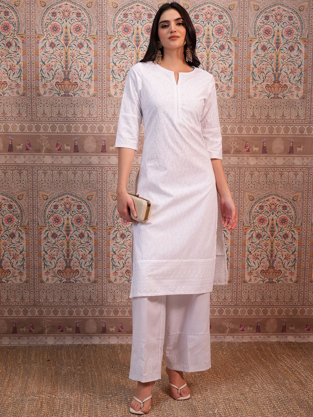Vishudh White Ethnic Motifs Embroidered Thread Work Straight Kurta
